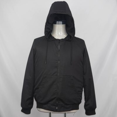 H Win's black bullet proof jacket with hood made from Kevlar