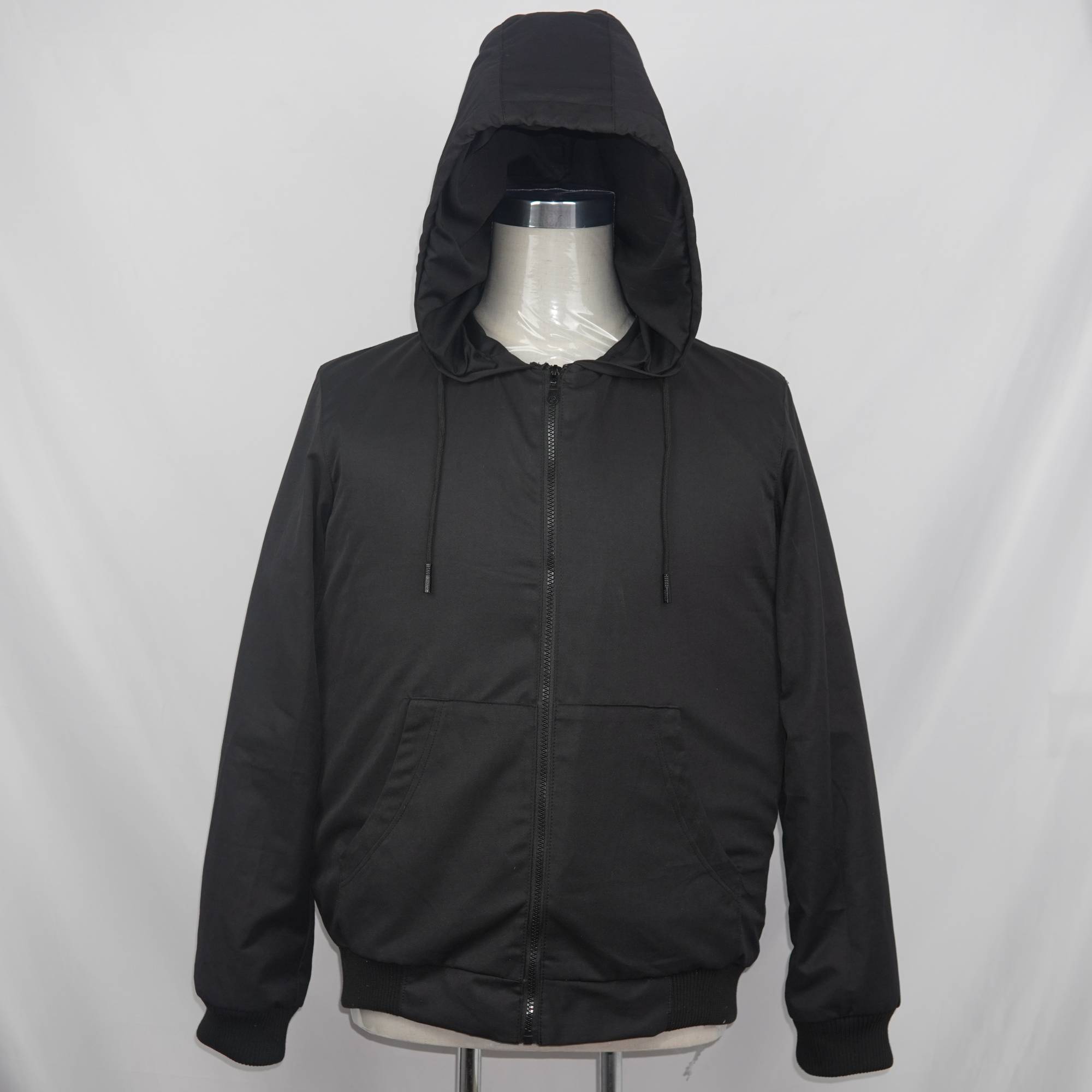 H Win's black bullet proof jacket with hood made from Kevlar