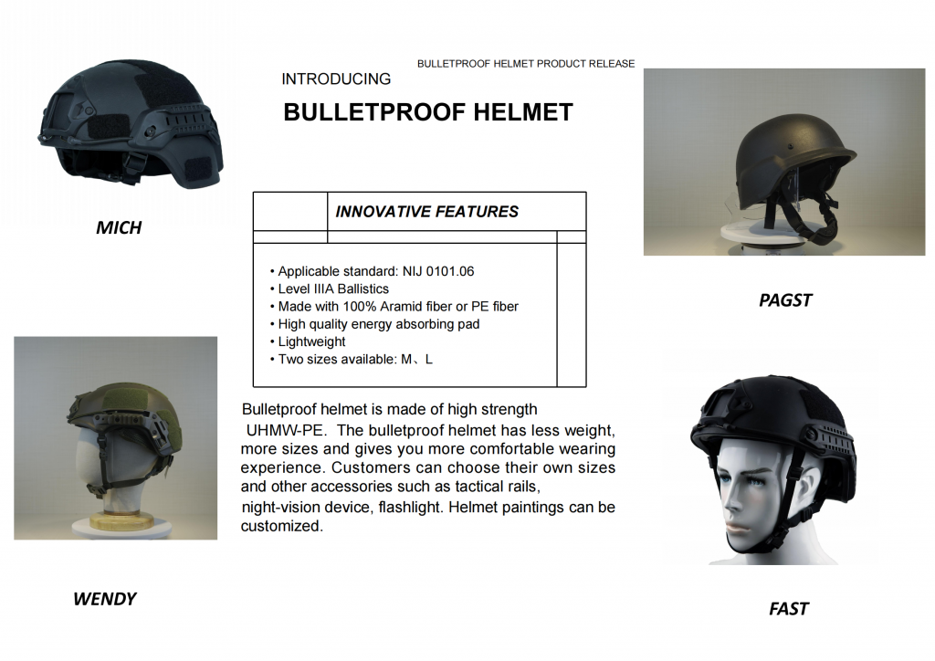 PASGT, FAST, MICH, and WENDY models of bulletproof helmets from H Win and their features