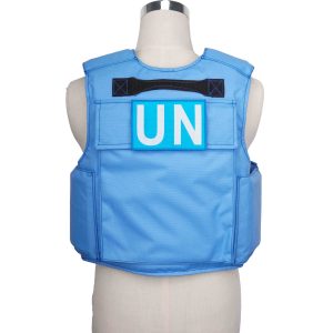 Back side of H Win's blue bulletproof vest featuring Level IV ceramic insert plates