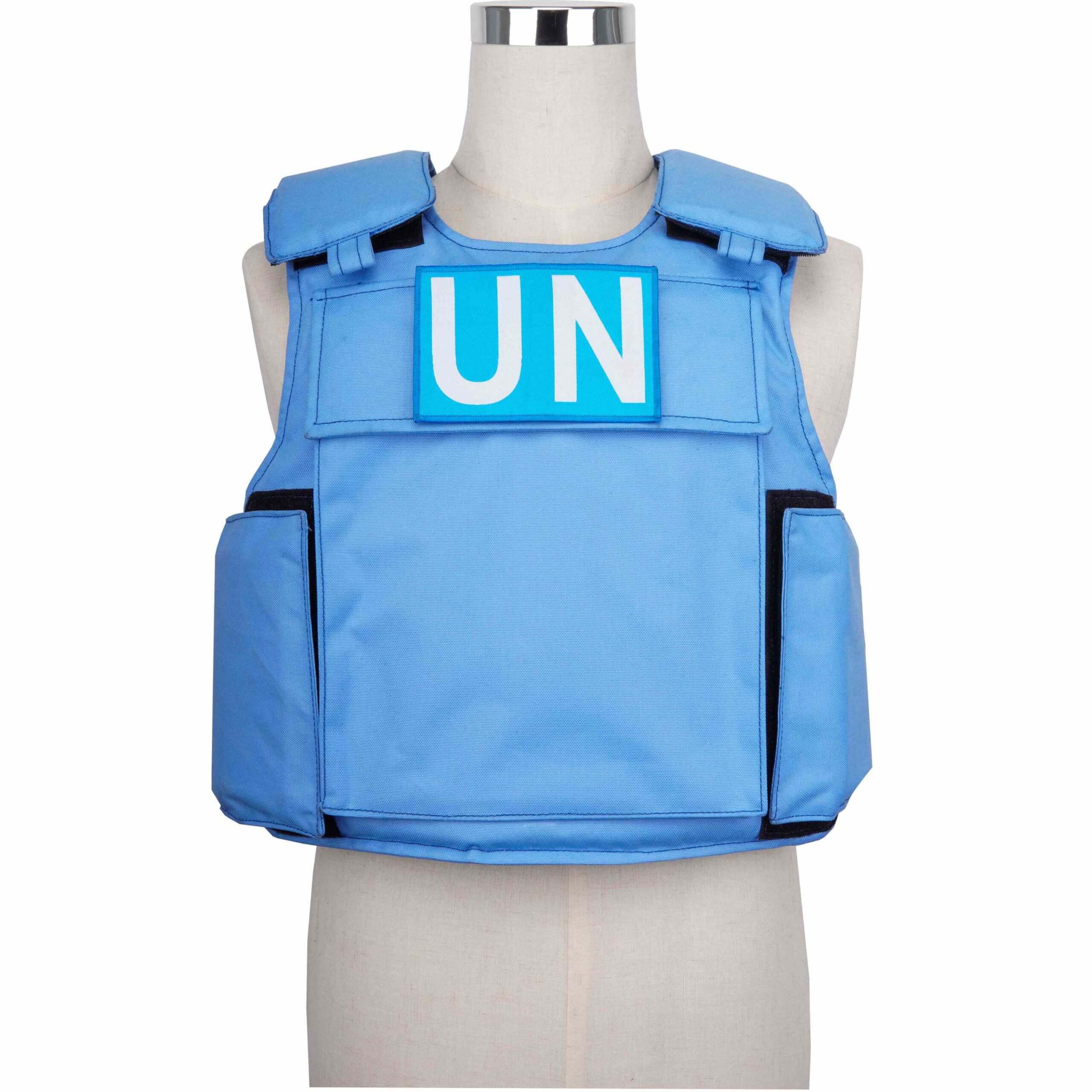 Front side of H Win's blue bulletproof UN vest featuring Level IV ceramic insert plates