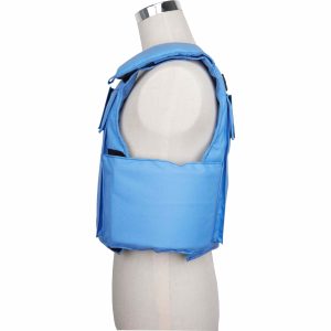 Side profile of H Win's blue bulletproof vest featuring Level IV ceramic insert plates