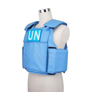 Side view of H Win's blue bulletproof vest featuring Level IV ceramic insert plates